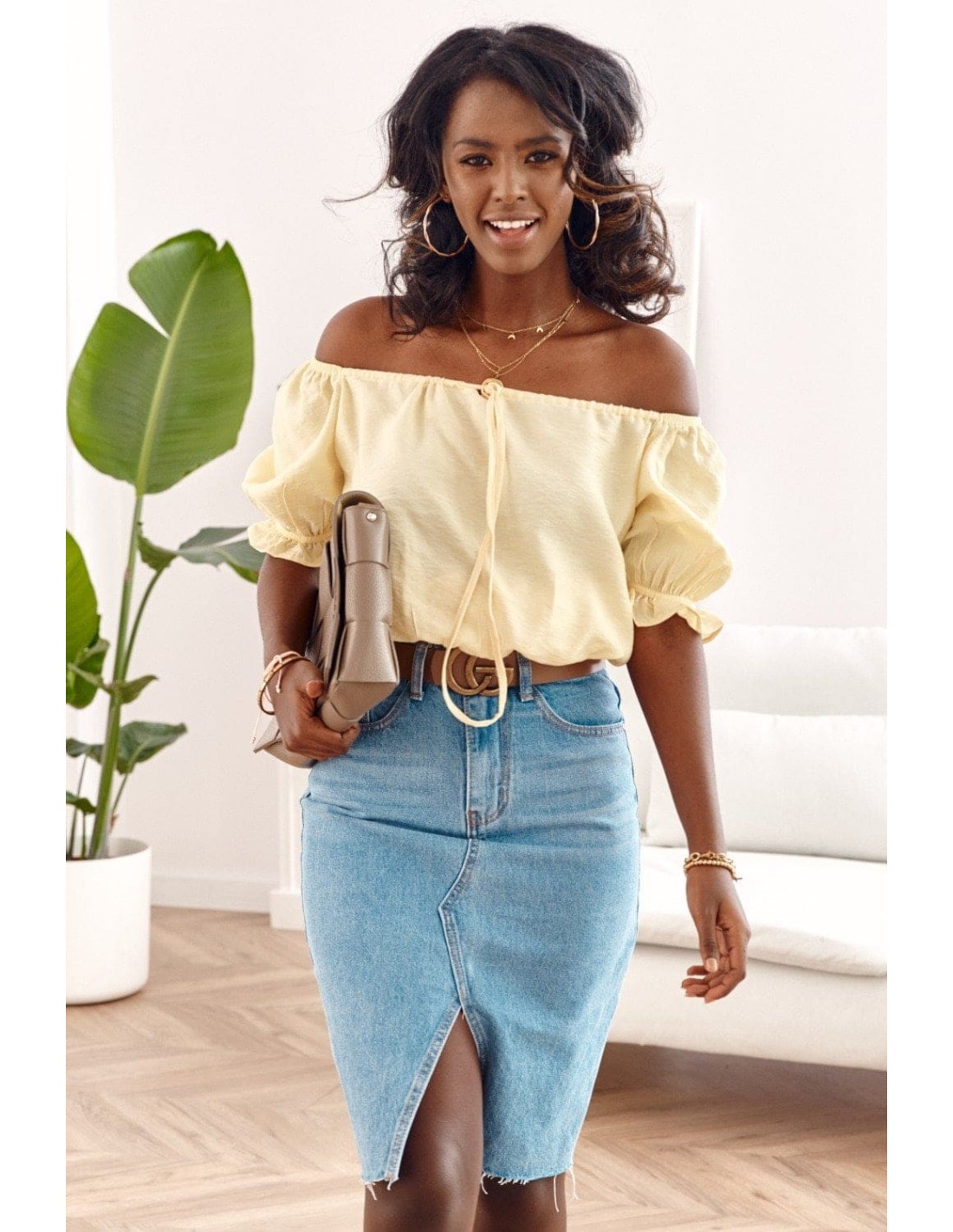 Yellow short blouse with ruffled neckline MP29435 - Online store - Boutique